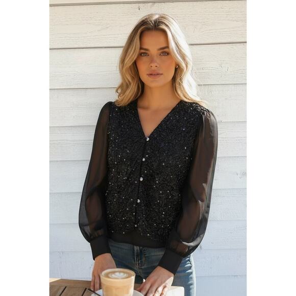 Jeffrey & Dara Tops - Jeffrey & Dara Black Beaded Evening Jacket Sheer Sleeves Size 16